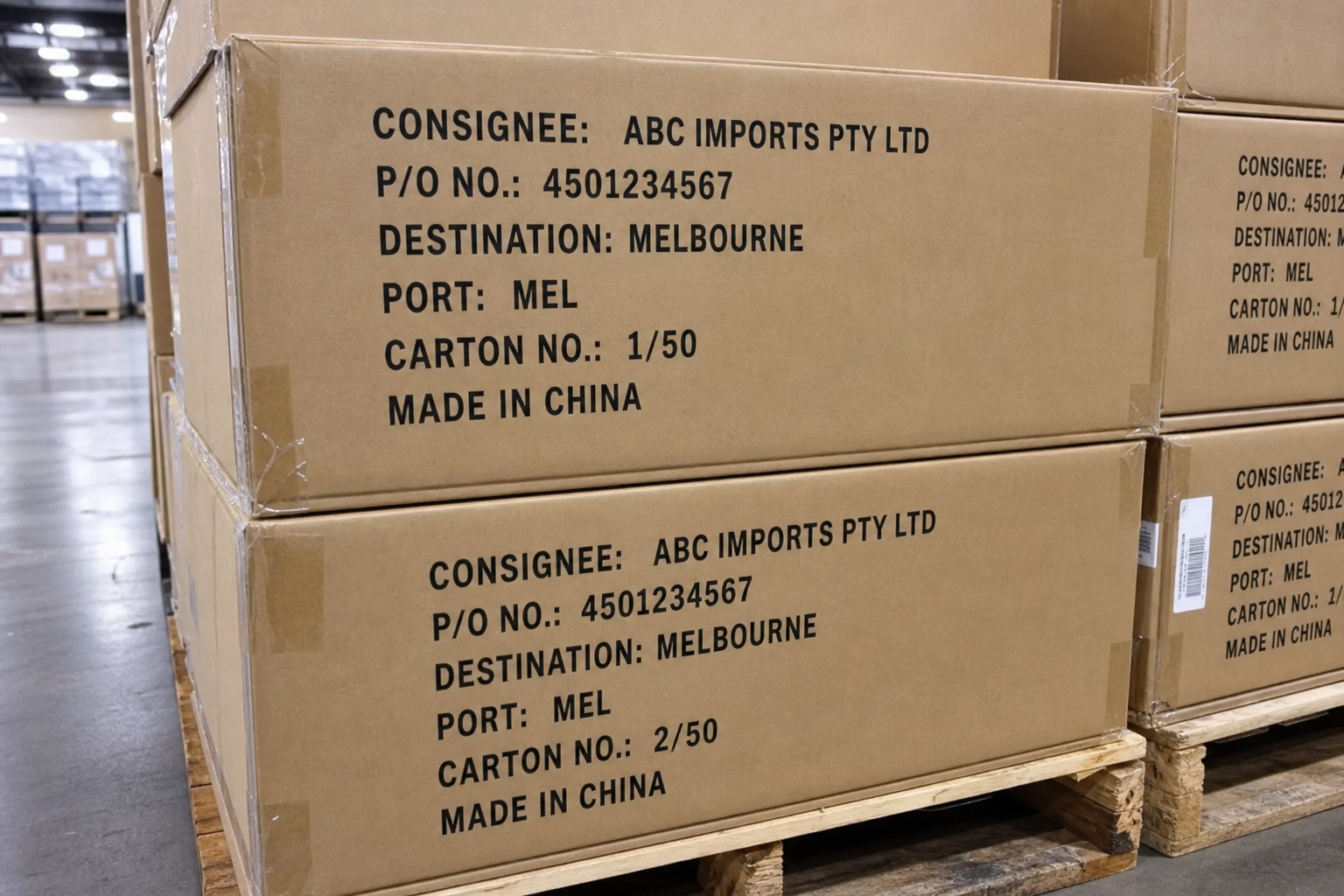 外箱唛头特写:收货人、目的港、PO、件数序号与 MADE IN CHINA