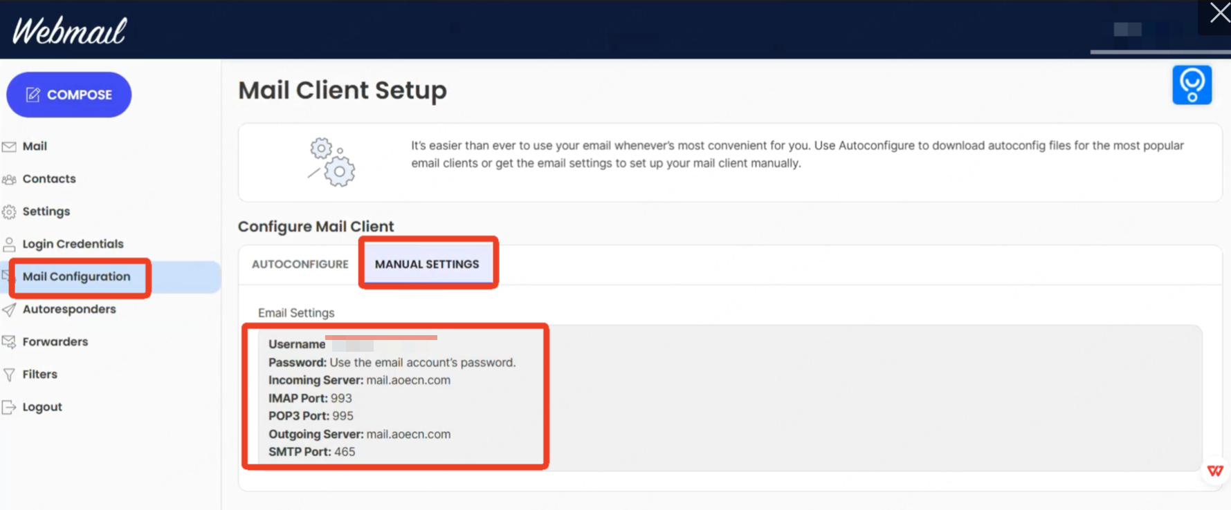 在 webmail 的 Mail Configuration 里查看服务器地址