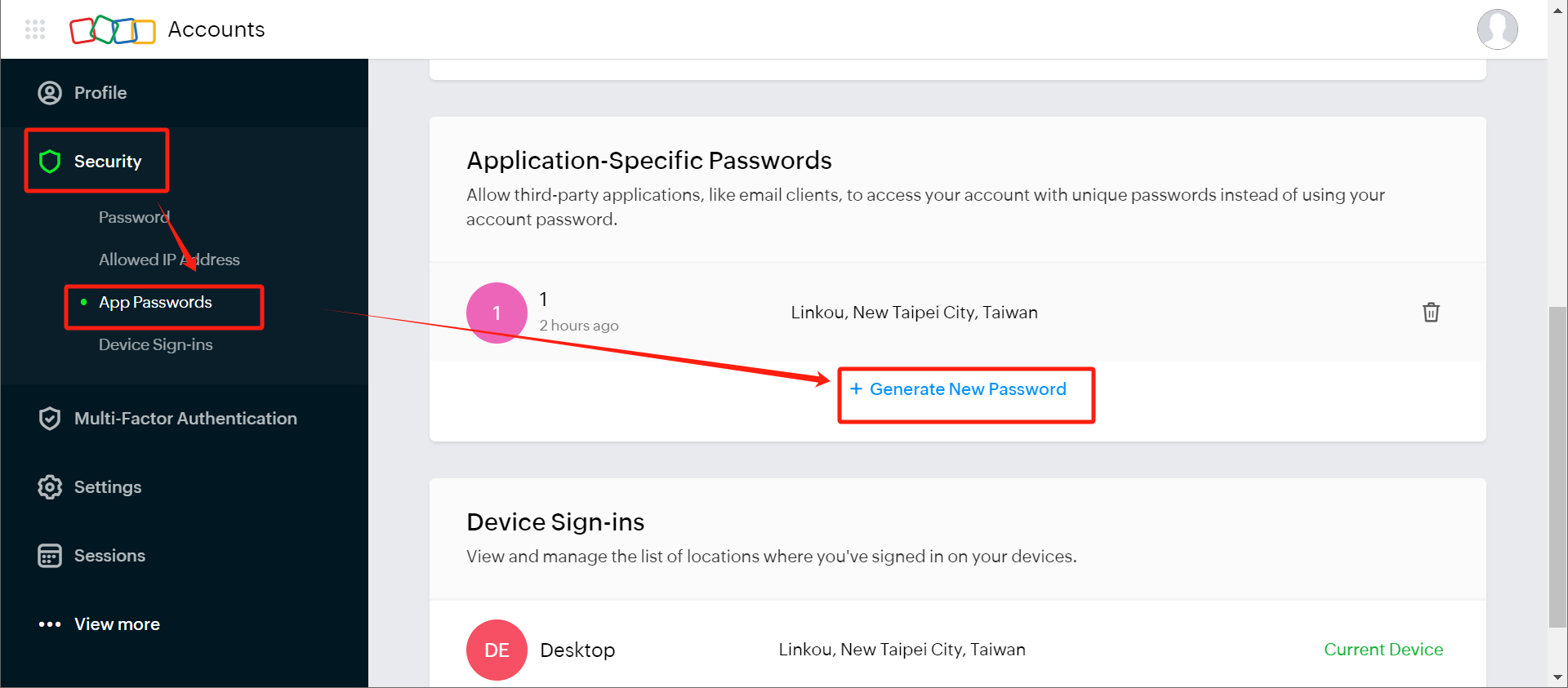 在 App Passwords 里新建应用程序密码
