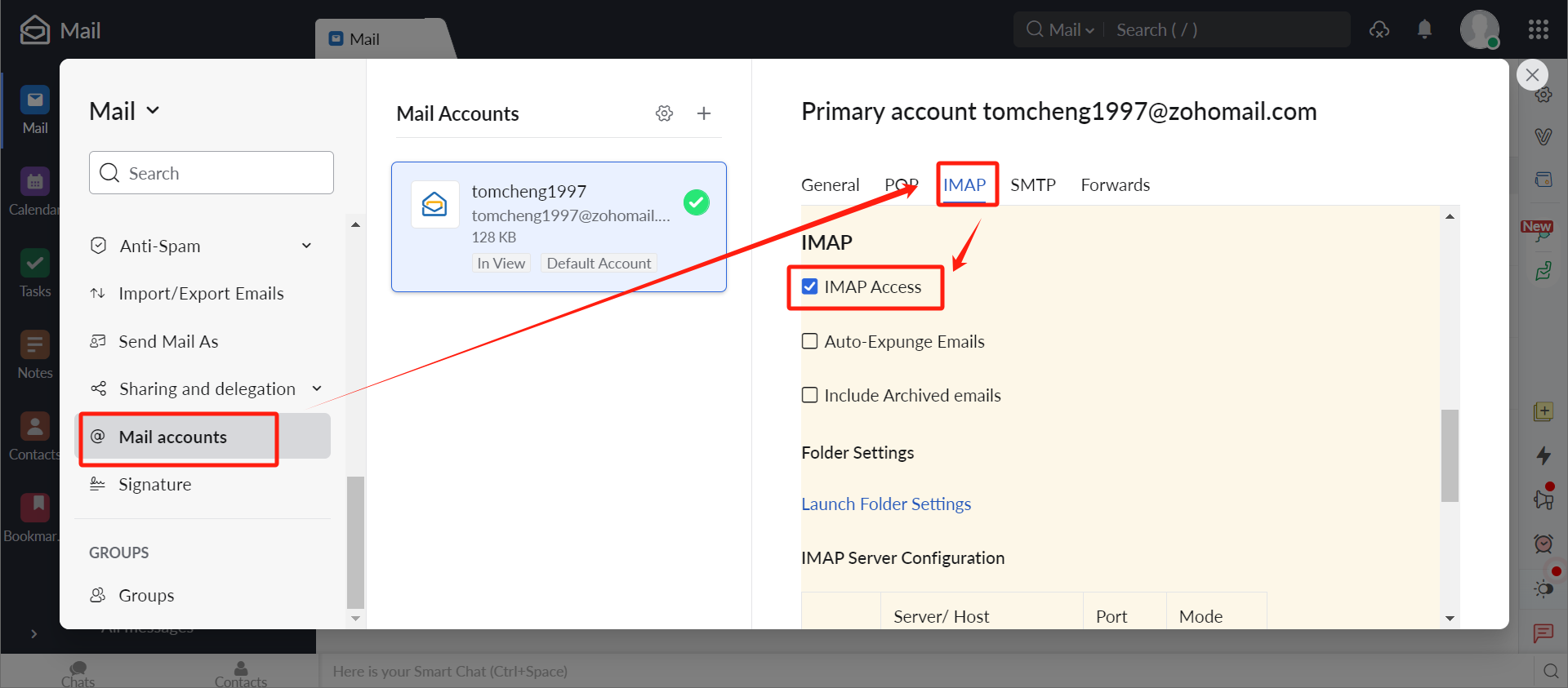 在 Mail accounts 里开启 IMAP Access